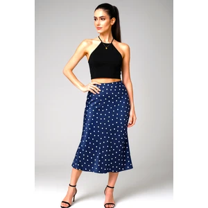 Kahra Collection Lacivert Puantiyeli Midi Boy Şık Saten Etek