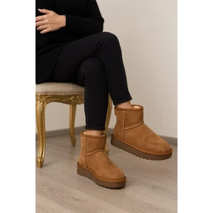 Küçük Trend Kadın Taba Mini Süet Içi Kürklü Yüksek Kalın Taban Kışlık Bot