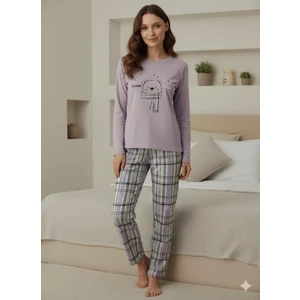 Interlok Kumaş Uzun Kollu Kadın Pijama Takımı Desenli Baskılı