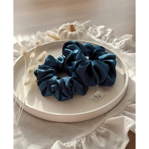 2'li Lüks Kadın Saten Toka - Derin Mavi - Lastik Model Scrunchie - Anne Kız Kombini