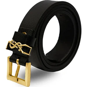 Kadın Siyah Hakiki Deri Kemer Parlak Gold Tokalı