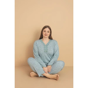 Kadın Büyük Beden Desenli Yakası Düğmeli Uzun Kollu Bambu Pijama Takımı