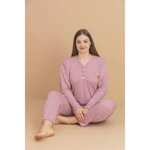 Kadın Büyük Beden Desenli Yakası Düğmeli Uzun Kollu Bambu Pijama Takımı