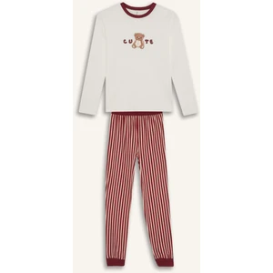 Kız Çocuk Pijama Takımı Baskılı Uzun Kollu Üst Çizgili Uzun Alt F7289A825AU