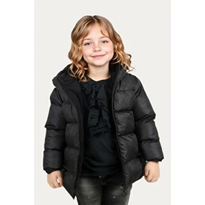 Kız Çocuk Siyah Kapüşonlu Su ve Rüzgar Geçirmez Polarlı Şişme Mont