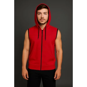 Erkek Kırmızı Fermuarlı Kapüşonlu Kanguru Cepli Kolsuz Interlok YELEK-Y1142