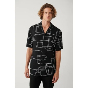 Avva Erkek Siyah %100 Viskon Apaj Yaka Baskılı Viskon Kısa Kollu Oversize Fit Gömlek A41Y2149