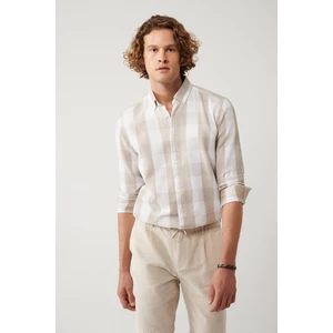 Avva Erkek Bej %100 Pamuk Düğmeli Yaka Pamuklu Ekose Dokulu Regular Fit Gömlek A41Y2044