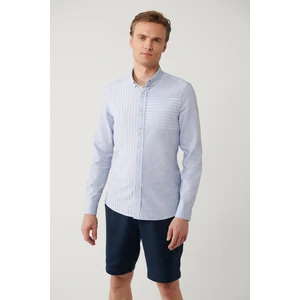 Avva Erkek Açık Mavi Çizgili Garnili Keten Karışımlı Regular Fit Gömlek A41Y2066