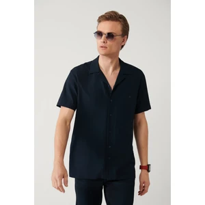 Avva Erkek Lacivert Apaj Yaka Kolay Ütülenebilir Gofreli Kısa Kollu Regular Fit Gömlek A41Y2169