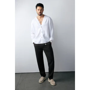 Avva Erkek Siyah Beli Lastikli %100 Keten Relaxed Fit Pantolon B003032