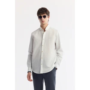 Avva Erkek Lacivert Düğmeli Yaka Çizgili Keten Karışımlı Comfort Fit Gömlek A51Y2022