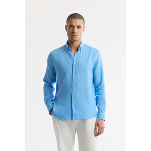 Avva Erkek Mavi Düğmeli Yaka %100 Keten Comfort Fit Gömlek B002191