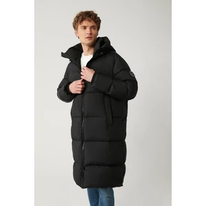 Erkek Siyah Kaz Tüyü Dolgulu Kapüşonlu Uzun Kaban A32Y6021