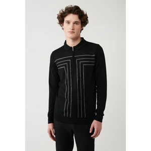 Erkek Siyah Polo Fermuarlı Yaka Çizgi Detaylı Kazak A32Y5094