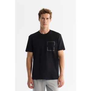 Avva Erkek Siyah Bisiklet Yaka Baskılı Elastan Regular Fit T-Shirt A42Y1020