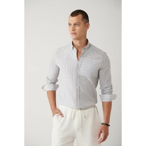 Avva Erkek Açık Gri Çizgili Garnili Keten Karışımlı Regular Fit Gömlek A41Y2066