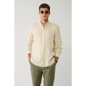 Avva Erkek Bej Düğmeli Yaka %100 Keten Nakışlı Comfort Fit Gömlek A41Y2232