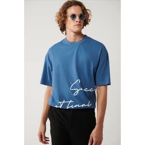 Avva Erkek İndigo %100 Pamuk Bisiklet Yaka Baskılı Oversize Fit T-Shirt A41Y1038