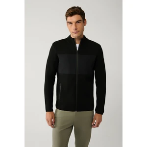 Erkek Siyah Dik Yaka Önü Desenli Teknik Kumaş Detaylı Fermuarlı Triko Mont A32Y6056