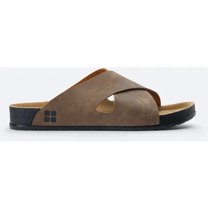 Erkek Vizon Çapraz Bantlı Deri Görünümlü Esnek Taban Terlik A41y8300