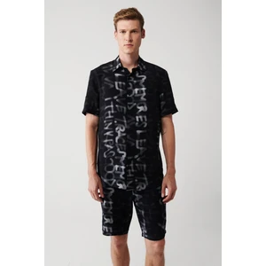 Erkek Siyah Viskon Alttan Britli Yaka Yazılı Kısa Kol Gömlek A31Y2200