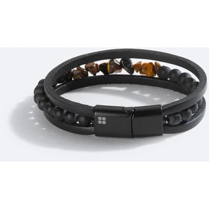 Avva Erkek Kahve %100 Deri Kaplangözü ve Oniks Bileklik A51Y9617