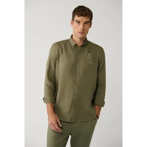 Avva Erkek Haki Düğmeli Yaka %100 Keten Nakışlı Comfort Fit Gömlek A41Y2232