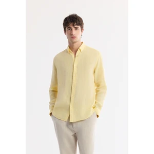 Avva Erkek Sarı Düğmeli Yaka %100 Keten Comfort Fit Gömlek B002191