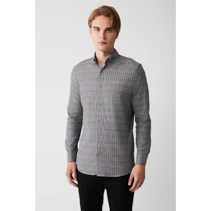 Erkek Haki Düğmeli Yaka Desenli Esnek Pamuklu Slim Fit Gömlek A32Y2145