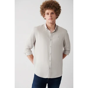 Avva Erkek Açık Gri Düğmeli Yaka Keten Karışımlı Slim Fit Gömlek B002001