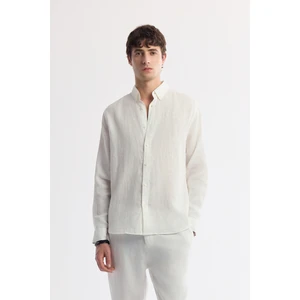 Avva Erkek Beyaz Düğmeli Yaka %100 Keten Comfort Fit Gömlek B002191