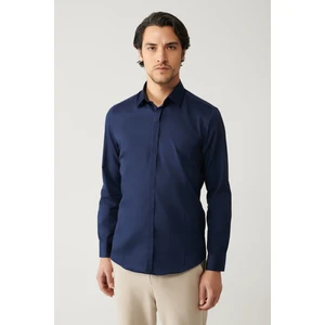 Avva Erkek Lacivert %100 Pamuk Klasik Yaka Saten Slim Fit Gömlek B002002