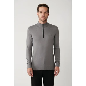 Avva Erkek Gri Dik Yaka Deri Detaylı Fermuarlı Viskon Triko Regular Fit Kazak B005023