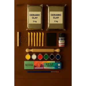 Seramik Hamuru 4000 Gr, 7li Plastik Ebeşuar (Modelaj Seti), Kesme Teli-Ipi, Guaj, Doğal Kil Çamuru