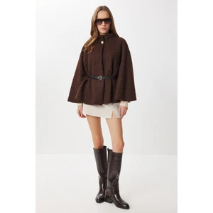 Happiness İstanbul Kemerli Düğmeli Buklet Panço LDE0010 Kahverengi