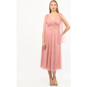 Göğüs Büzgü Detaylı Esnek Tül Abiye Elbise