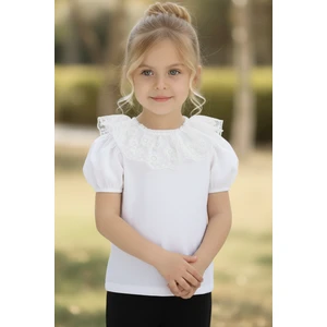Parla Kids Kız Çocuk Ekru Bisiklet Yaka Dantelli Kısa Kol 23 Nisan Abiye Bluz Gömlek