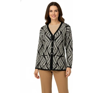 Kadın Kışlık Yünlü Örme Anne Hırka V Yaka Sümbül Motifli Çift Cepli Düğmeli Likralı Rahat