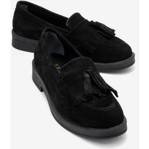 Milina Siyah Süet Püsküllü Hakiki Deri Kadın Loafer Ayakkabı