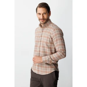 Kiremit Dynamic Fit  Düğmeli Yaka  Ekose Uzun Kollu Pamuklu Gömlek