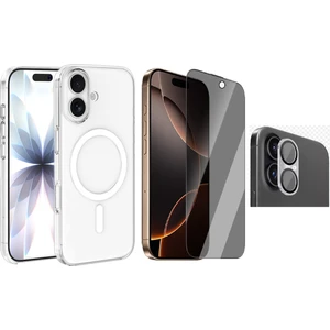 iPhone 16 Kılıf Ic Çipli Zore Wireless Şarj Özellikli Şeffaf Orjin Kapak + Kamera Lens + Hayalet Ekran Koruyucu