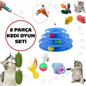8'li Kedi Oyun Seti-Oyun Topları ,oltası ,lazeri ,kaşınma Tarağı ,kurmalı Fare,3 Katlı Oyuncak