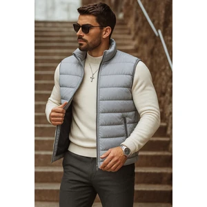 Erkek Cepli Kışlık Fermuarlı Basic Gri Şişme Yelek