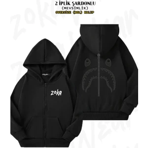 Oversize Bape Shark Fermuar Sırt Baskılı Fermuarlı Kapşonlu Siyah Hırka (2 Iplik)