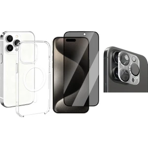 iPhone 16 Pro Kılıf Ic Çipli Zore Wireless Şarj Özellikli Şeffaf Orjin Kapak + Kamera Lens + Hayalet Ekran Koruyucu