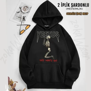 Kanye West Yeezus Baskılı Kapüşonlu Sweatshirt (2 Iplik)