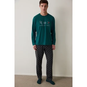Yeşil Erkek Bisiklet Yaka Ekoseli Pamuklu Pijama Takımı