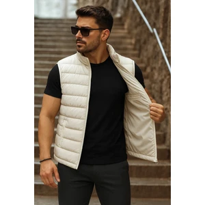 Erkek Cepli Kışlık Fermuarlı Basic Krem Şişme Yelek