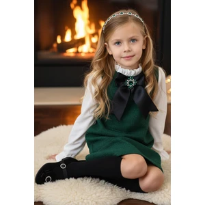 Parla Kids Kız Çocuk Zümrüt Yeşil Vanessa Broş Detaylı Tüvit Uzun Kollu Yılbaşı Elbisesi